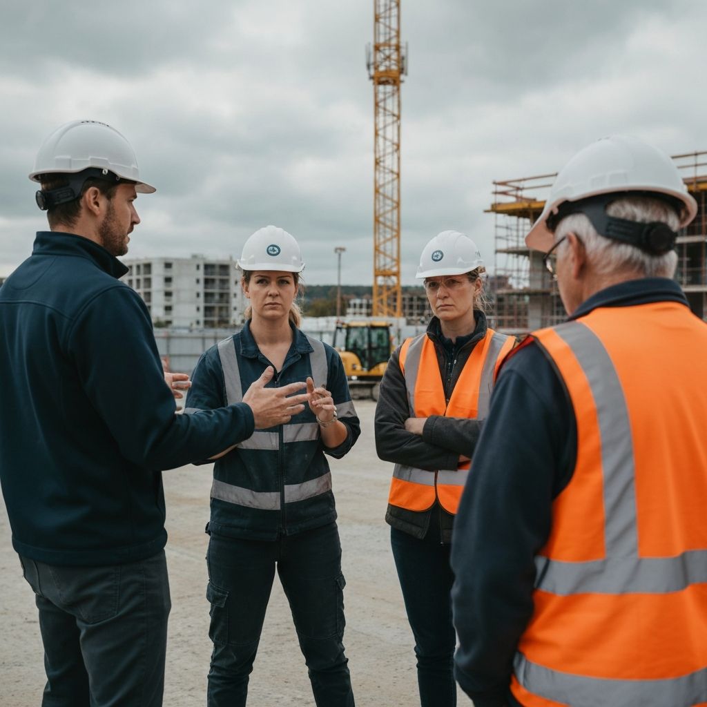 Team conducting a safety meeting on-site